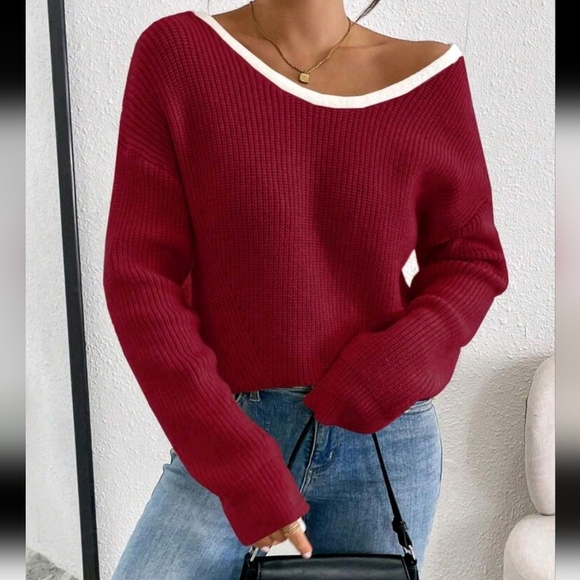 Women Casual Contrast Color Ribbed Trim Bow Decor Pullover Sweater - Picture 3 of 5